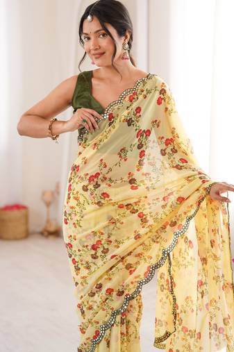 Yellow chiffon digital print scallped border foil mirror work saree