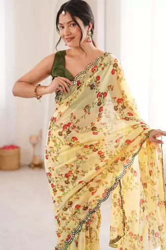 Yellow chiffon digital print scallped border foil mirror work saree