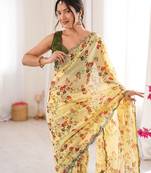 Yellow chiffon digital print scallped border foil mirror work saree