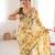 Yellow chiffon digital print scallped border foil mirror work saree