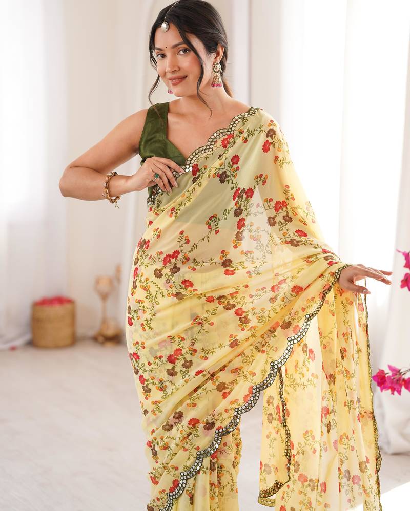 Yellow chiffon digital print scallped border foil mirror work saree