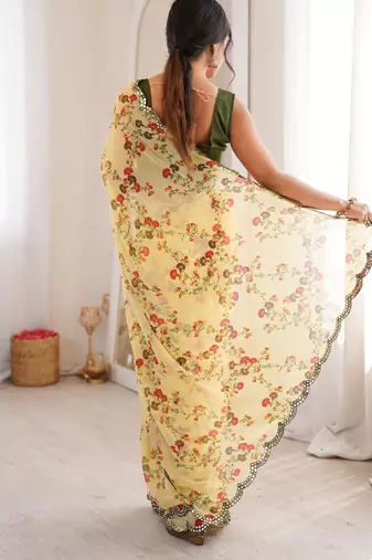 Yellow chiffon digital print scallped border foil mirror work saree