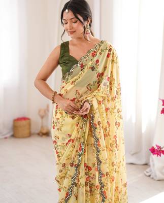 Yellow chiffon digital print scallped border foil mirror work saree 3