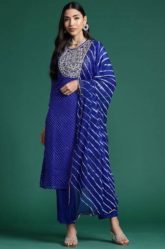 Women Leheriya Printed Kurta With Trousers & Dupatta
