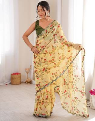 Yellow chiffon digital print scallped border foil mirror work saree 4