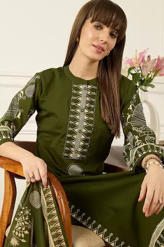 Floral Printed Thread Work Cotton Kurta With Palazzos & Dupatta