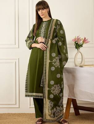 Floral Printed Thread Work Cotton Kurta With Palazzos & Dupatta 1