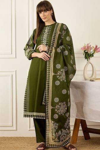 Floral Printed Thread Work Cotton Kurta With Palazzos & Dupatta