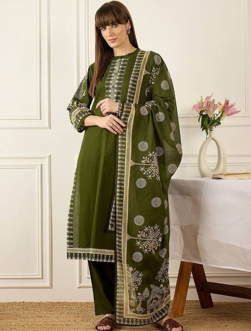 Floral Printed Thread Work Cotton Kurta With Palazzos & Dupatta