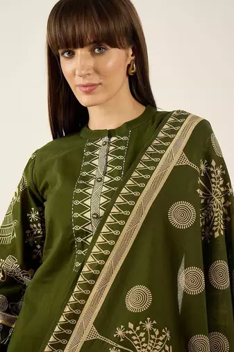 Floral Printed Thread Work Cotton Kurta With Palazzos & Dupatta