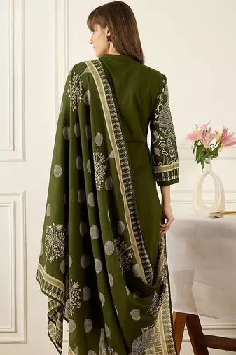 Floral Printed Thread Work Cotton Kurta With Palazzos & Dupatta