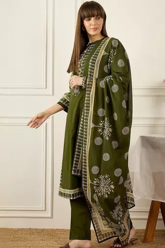 Floral Printed Thread Work Cotton Kurta With Palazzos & Dupatta