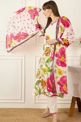 Women Floral Printed Cotton Kurta with Trousers & With Dupatta
