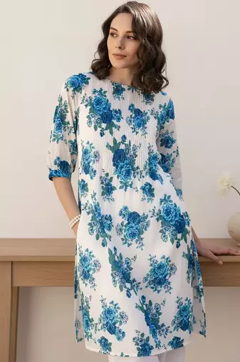 Floral Printed Pleated Round Neck Cotton Straight Kurta With Trouser