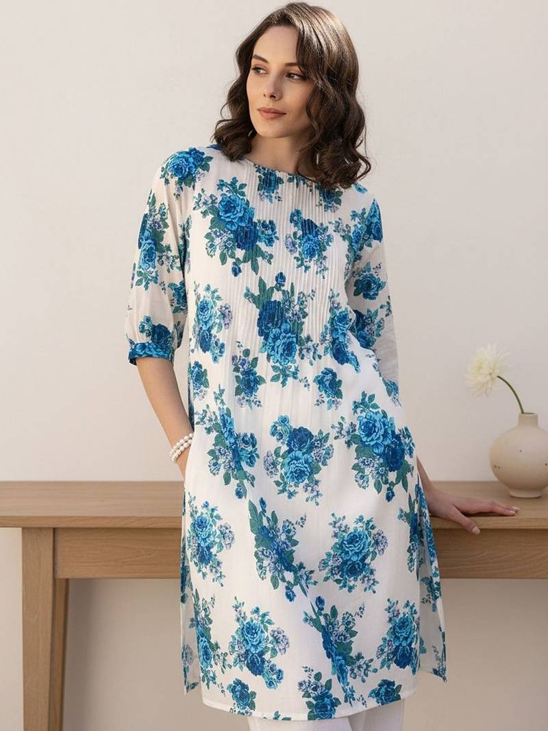 Floral Printed Pleated Round Neck Cotton Straight Kurta With Trouser