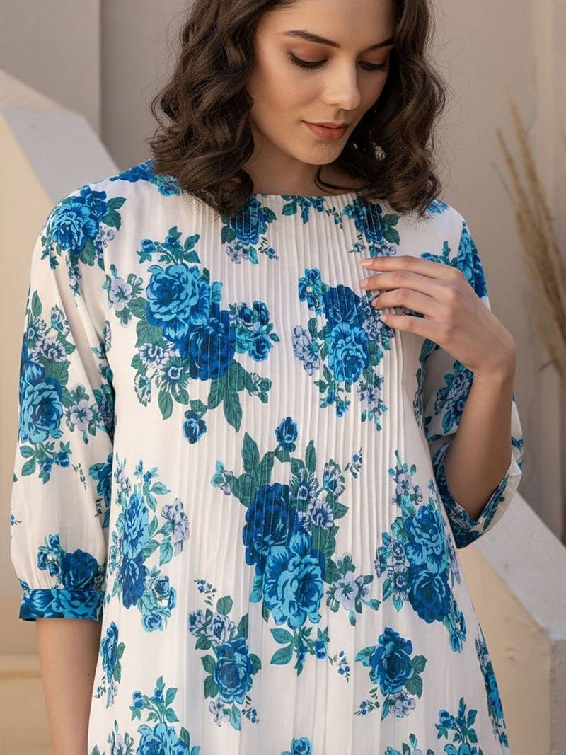 Floral Printed Pleated Round Neck Cotton Straight Kurta With Trouser
