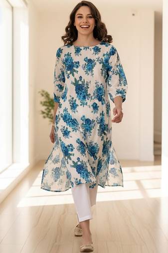 Floral Printed Pleated Round Neck Cotton Straight Kurta With Trouser