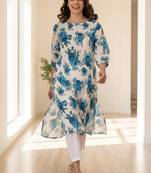 Floral Printed Pleated Round Neck Cotton Straight Kurta With Trouser
