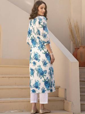 Floral Printed Pleated Round Neck Cotton Straight Kurta With Trouser 4