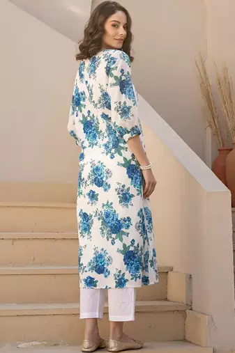 Floral Printed Pleated Round Neck Cotton Straight Kurta With Trouser