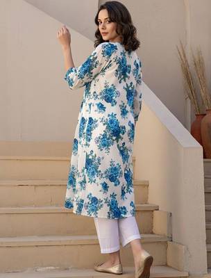 Floral Printed Pleated Round Neck Cotton Straight Kurta With Trouser 5
