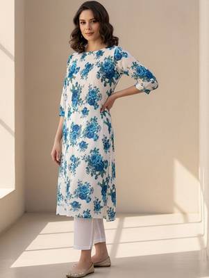 Floral Printed Pleated Round Neck Cotton Straight Kurta With Trouser 6