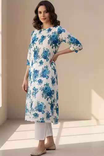 Floral Printed Pleated Round Neck Cotton Straight Kurta With Trouser