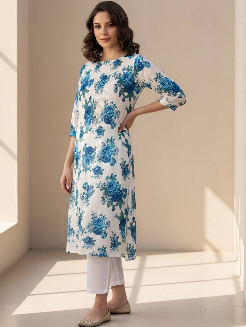 Floral Printed Pleated Round Neck Cotton Straight Kurta With Trouser