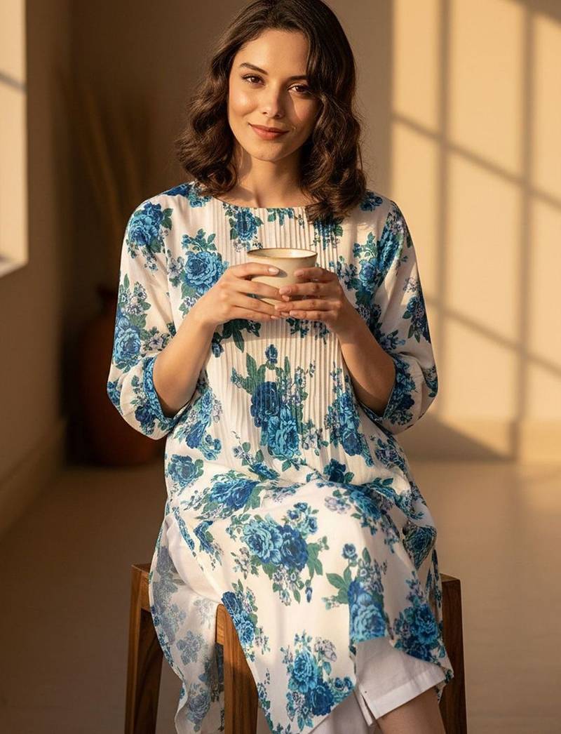 Floral Printed Pleated Round Neck Cotton Straight Kurta With Trouser