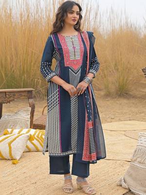 Navy Blue Printed Straight Kurta Trousers Dupatta Set Kurta Sets 1