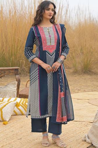 Navy Blue Printed Straight Kurta Trousers Dupatta Set Kurta Sets