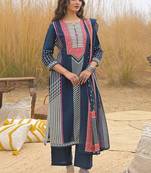 Navy Blue Printed Straight Kurta Trousers Dupatta Set Kurta Sets