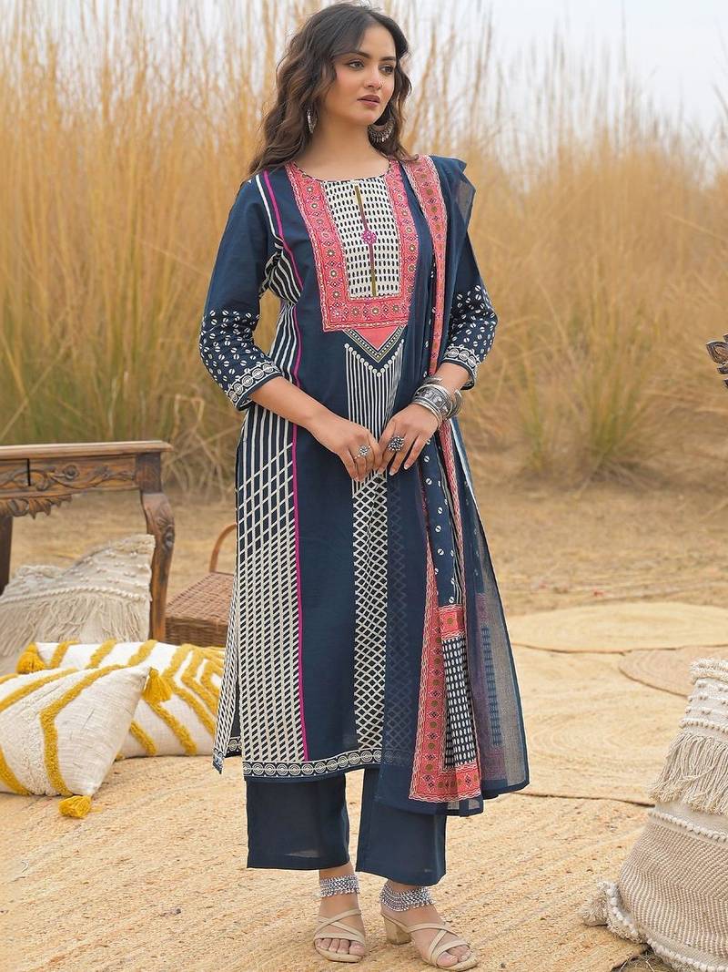 Navy Blue Printed Straight Kurta Trousers Dupatta Set Kurta Sets