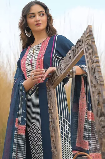 Navy Blue Printed Straight Kurta Trousers Dupatta Set Kurta Sets