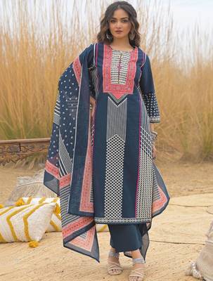 Navy Blue Printed Straight Kurta Trousers Dupatta Set Kurta Sets 5