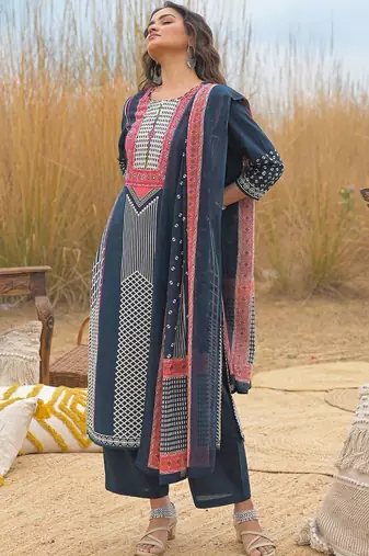 Navy Blue Printed Straight Kurta Trousers Dupatta Set Kurta Sets