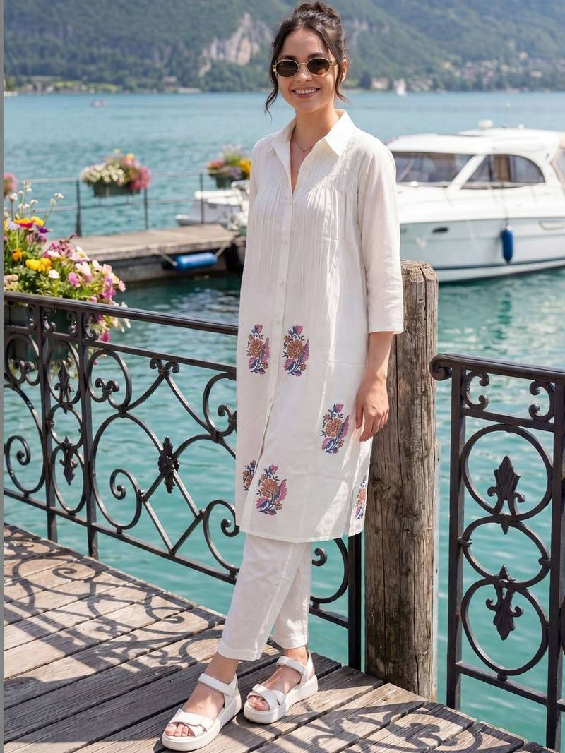 Women Floral Embroidered Thread Work Cotton Kurta with Trousers