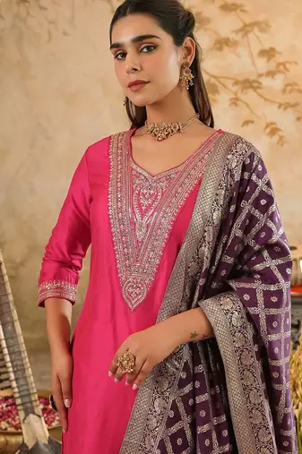 Embroidered Sequinned Kurta With Trousers & Dupatta