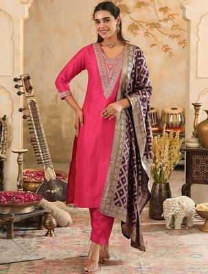 Embroidered Sequinned Kurta With Trousers & Dupatta 1
