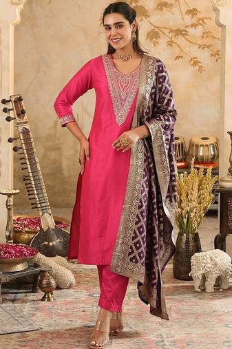 Embroidered Sequinned Kurta With Trousers & Dupatta