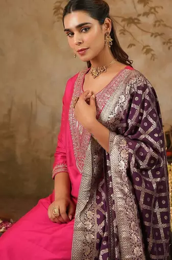 Embroidered Sequinned Kurta With Trousers & Dupatta