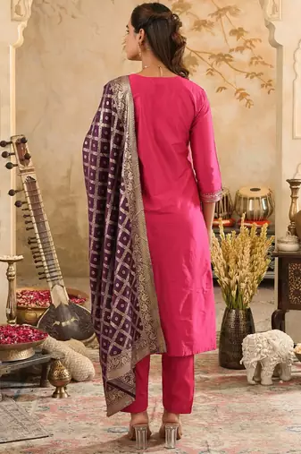 Embroidered Sequinned Kurta With Trousers & Dupatta