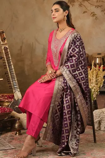 Embroidered Sequinned Kurta With Trousers & Dupatta