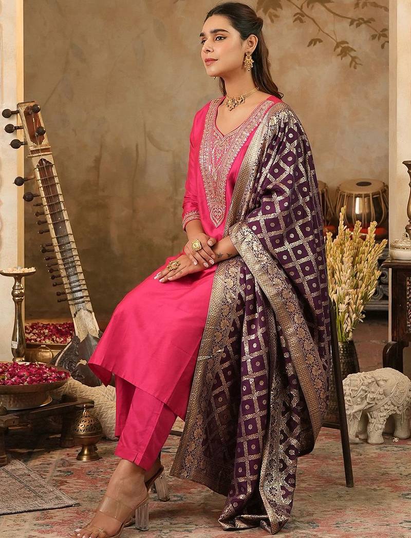 Embroidered Sequinned Kurta With Trousers & Dupatta