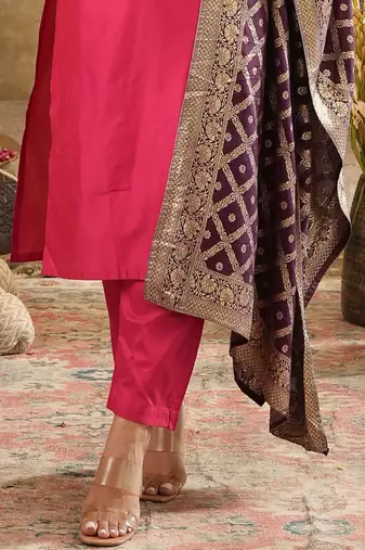 Embroidered Sequinned Kurta With Trousers & Dupatta