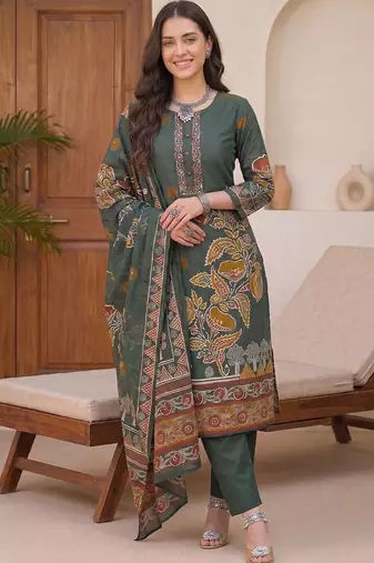 Women Ethnic Motifs Printed Cotton Kurta with Trousers & With Dupatta