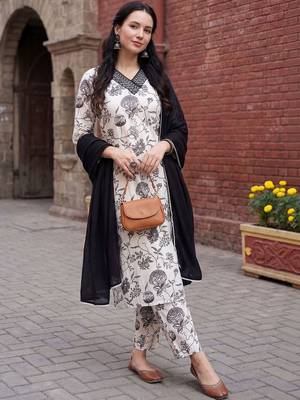 Women Floral Printed Thread Work Cotton Kurta with Trousers & With Dupatta 6