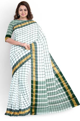 White checked cotton saree with green border