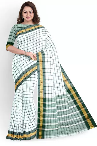 White checked cotton saree with green border