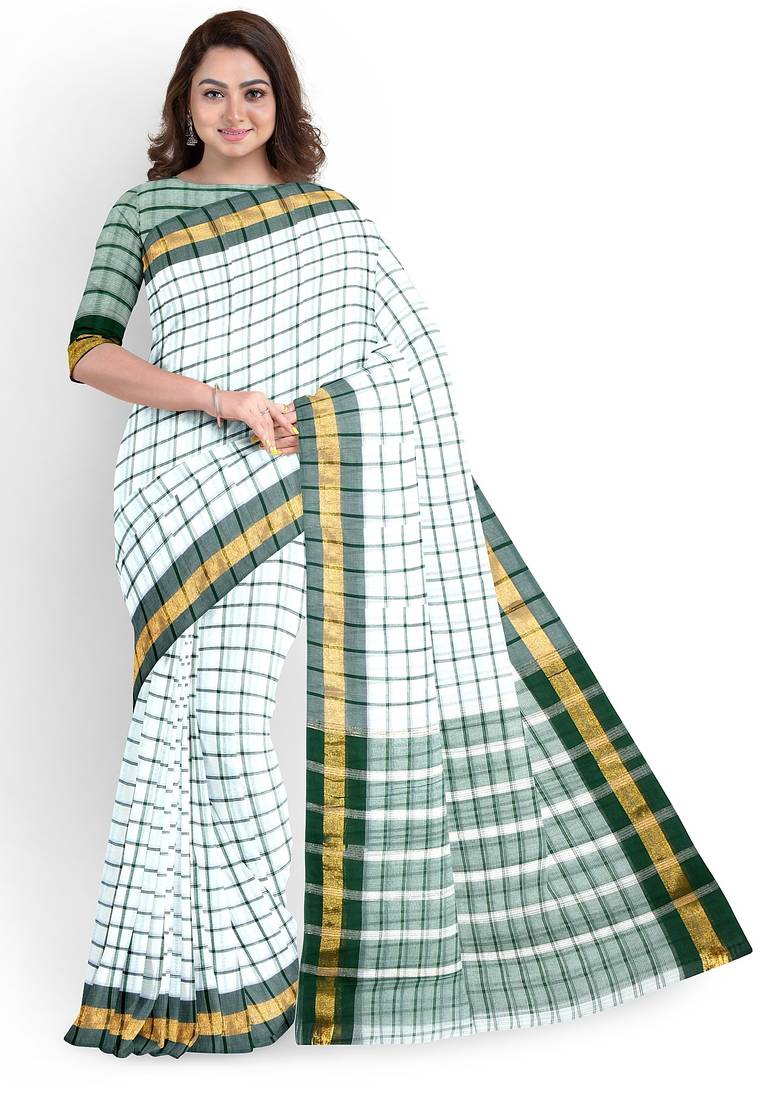 White checked cotton saree with green border